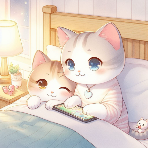 夜、2 匹のかわいい猫が寝る前にベッドの上で寄り添い、楽しいモバイル ゲームを微笑んでリラックスしてプレイしています。