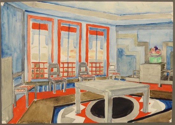 Circa 1924 watercolor by artist Sonia Delaunay, showing her interior design for the dining room of her Paris apartment. Currently on display at Bard Graduate Center in New York