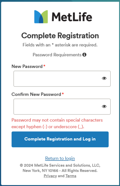 MetLife registration page which disallows the use of special characters for customer passwords except for a hyphen or an underscore which is very bad policy.
