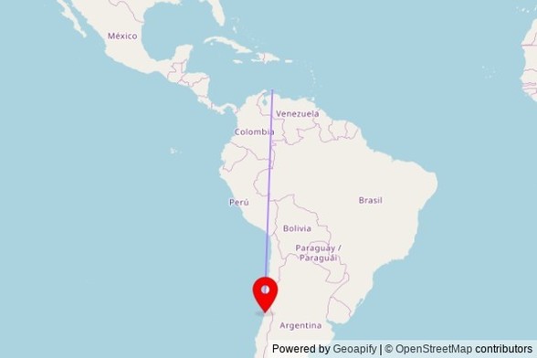 A map showing the great circle route from San Nicolaas in the Netherlands to a map pin at Iglesia San Francisco, Blanco Viel, 234 0031 Valparaíso, Chile