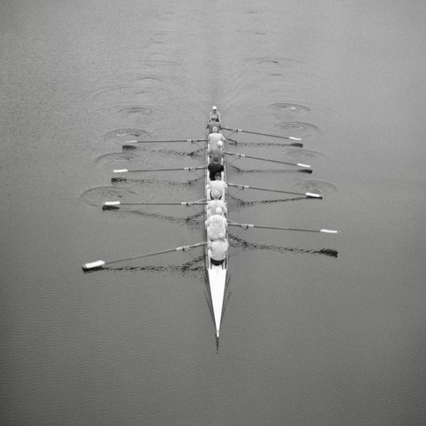 A black and white film photo. Rowers are seen from above on Lady Bird Lake in downtown Austin, Texas. Early morning on Saturday, April 20, 2024.