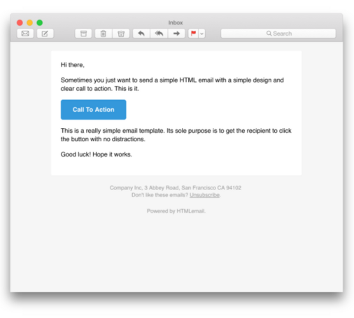 Browser mockup containing a sample of a newsletter with a blue action button (text inside: Call to action). 