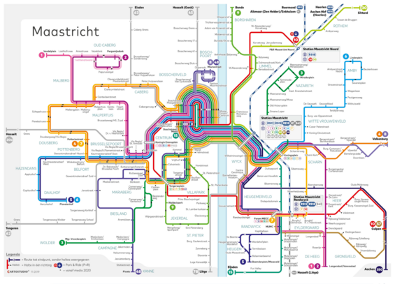 Bus map of Maastricht whose layout makes abundantly clear that many lines service the same stops around the center, then branch out into different directions further from the center