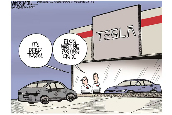 Tesla Store employees look out the window of the Tesla store at a stalled Tesla and say to each other:

"It's dead today."
"Elon must be posting on X."