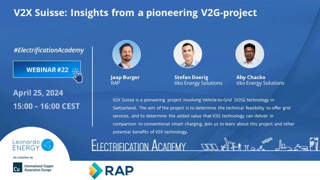 Promotional image for a webinar titled "V2X Suisse: Insights from a pioneering V2G-project" scheduled for April 25, 2024, involving speakers Jaap Burger from RAP, Stefan Doerig and Aby Chacko from tiko Energy