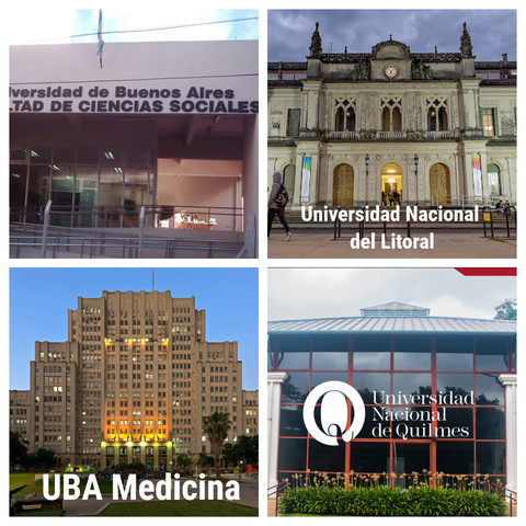 Collage que muestra el frente de 4 universidades argentinas: la UBA de Medicina, la UBA de Sociales, Universidad Nacional del Litoral y la Universidad Nacional de Quilmes.