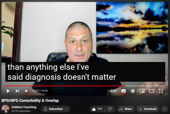 https://www.youtube.com/watch?v=3CqUf58gMpU
BPD/NPD Comorbidity & Overlap


1,664 views  20 Apr 2024  UNITED STATES
To take advantage of the DeMars Coaching service, please visit https://www.daviddemars.com/

Saturday, April 19, 2024    4/19/24

Stop Narcissistic Online Bullying Petition:
https://change.org/stopbullies

Reference Article:
https://www.verywellmind.com/the-big-...

If you believe you have been a victim of emotional abuse, please seek professional help.