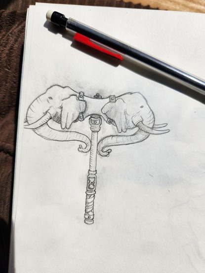 A sketch of a Warhammer with two elephant heads in place of the usual hammer striking surface. Technically they are not elephants, but loxodons from d&d