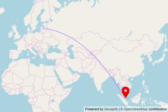 A map showing the great circle route from Tukums in Latvia to a map pin at 西南宫, Jalan Sawit Baru 5, Desa Perindustrian Kulai 2, 81000 Kulai, Johor, Malaysia
