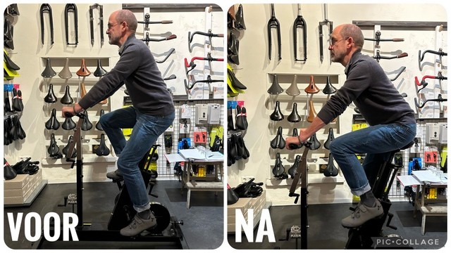 Man on a bikeframe, intended to get the best fit for riding. A ‘before’ and ‘after’ picture of his postjes

He is me of course. 