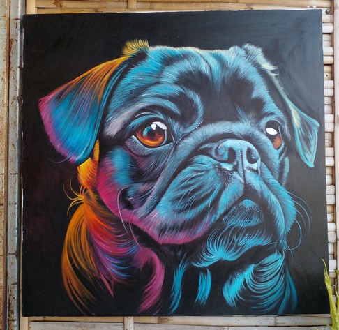 a painting of a pug's neck and head, it is looking to the right with amber-colored shiny eyes, a black background, the pug is colored in neon tones of blue, orange, and pink 