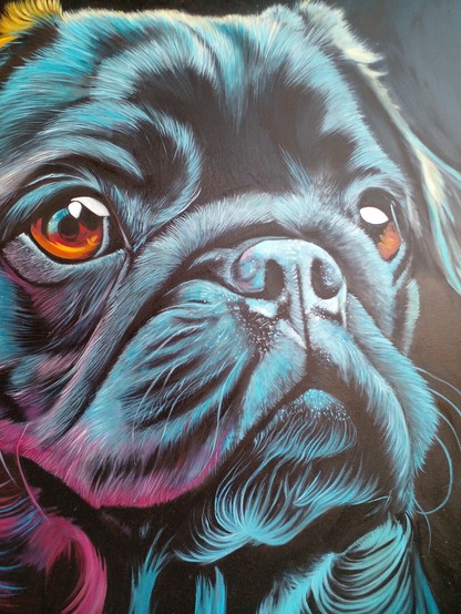 a close-up photo of the pug's face 