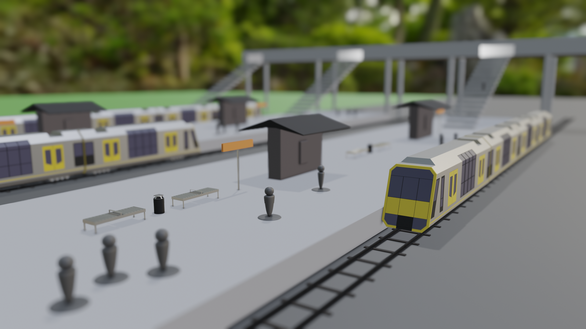 A low poly scene of an outdoor train station with several platforms. Model people line the platforms, and stairs lead up from the platforms to a raised walkway above the train lines. The trains are styled after the Sydney Tangara trains