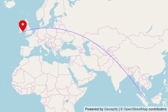 A map showing the great circle route from Kulai in Malaysia to a map pin at Cathedral of the Most Holy Trinity, Barronstrand Street, Waterford, County Waterford, Ireland