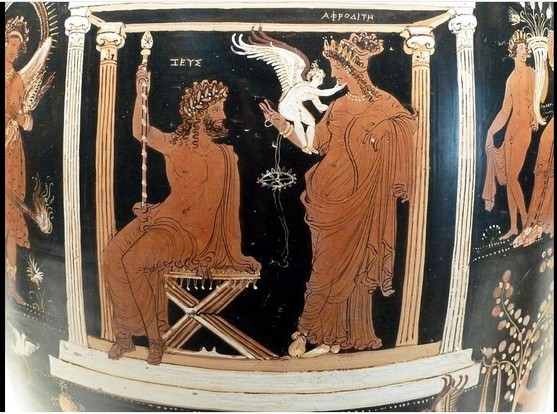 Red-figure vase painting of Zeus, seated and holding his sceptre, and Aphrodite, standing and leaning against a column. Her dress is transparent enough to see nipples, her navel, and the hint of a pubic triangle. On her arm sits a winged Eros, caressing her chin.