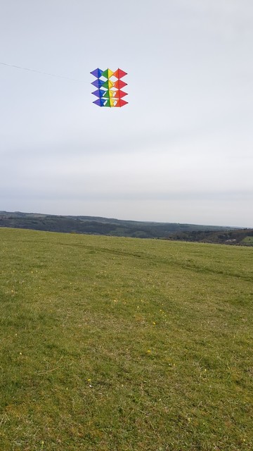 Spirit of Air 'Aurora' kite flying above Middleton Moor, Derbyshire.