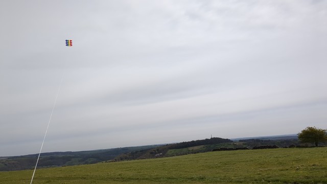 Spirit of Air 'Aurora' kite flying above Middleton Moor, Derbyshire.