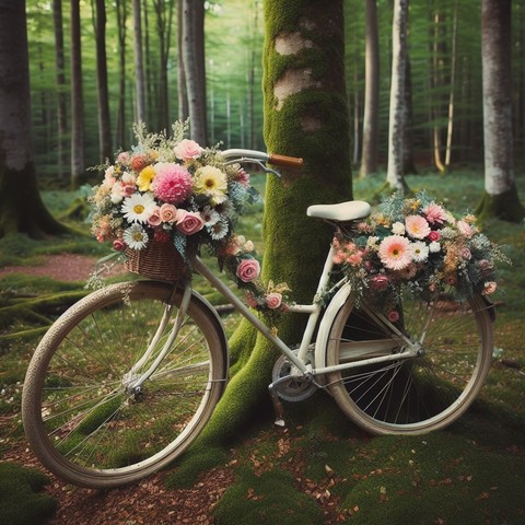 A bicycle that is leaning against a tree in a forest. It is decorated with flowers.
