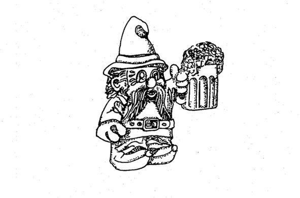 design patent drawing disclosing what appears to be a bas-relief magnet or similar in the shape of a gnome holding up a glass of beer in a celebratory pose