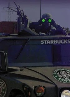 Starbucks employee in tactical gear looking at camera with nightvision binoculars from their Starbucks-logo’d armored humvee with mounted machine gun
