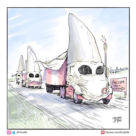 A convoy of trucks dressed like KKk , hoods and all 