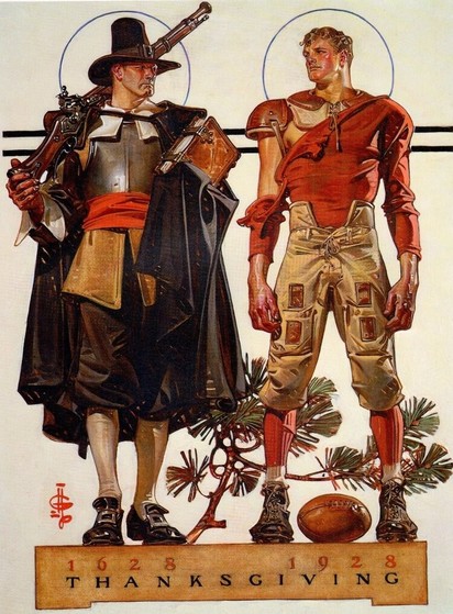 J. C. Leyendecker, Thanksgiving 1628-1928, Saturday Evening Post cover illustration, November 24, 1928.
Featuring a Pilgrim with a blunderbuss and dark clothes and a American Football player with the shirt teared showing his skin and shoulder pad with a pigskin on the floor. Both handsome men. Side by side. On white background. Standing on a wooden box with text: 1628 1928 Thanksgiving