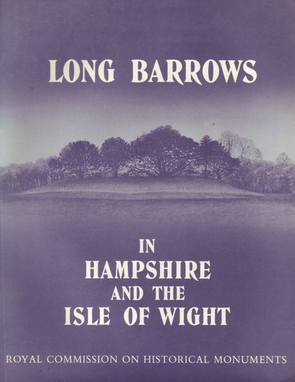 The front cover of Long Barrows in Hampshire and the Isle of Wight by I.F. Smith, published by HMSO in 1979. Blue monochrome with title in white with a tree-covered long barrow to the centre.