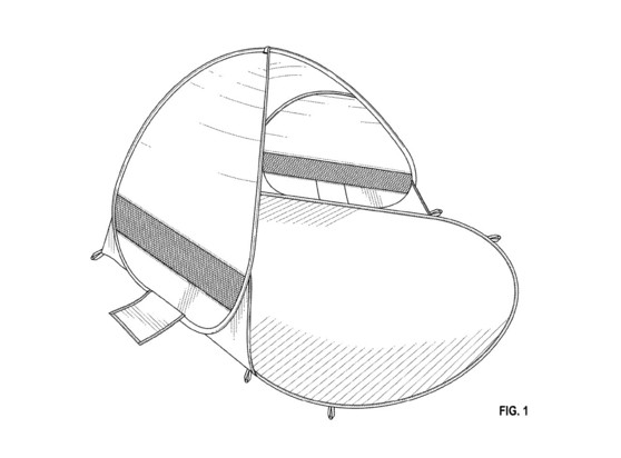 design patent drawing disclosing a tent with no door and a protruding floor