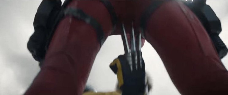 A screenshot from the trailer for 'Deadpool & Wolverine' where Logan appears to SNIKT Deadpool in the groin.