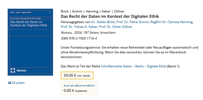 Verlagsbeschreibung des Buchs "Das Recht der Daten im Kontext der Digitalen Ethik", erschienen 2024 im Nomos-Verlag.