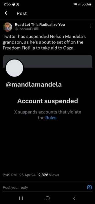 Screenshot

"Twitter has suspended Nelson Mandela's
grandson, as he's about to set off on the
Freedom Flotilla to take aid to Gaza."
image/jpeg