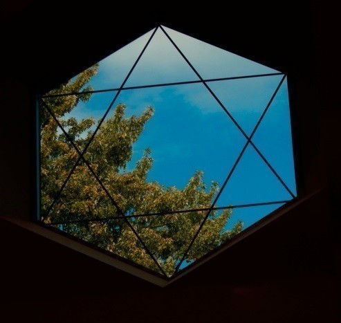 Photo: A hexagonal window with a six-pointed Star of David outlined in it. Outside the window is brilliant blue sky. Running from near the upper left side of the window to the lower right side are the branches of a tree. The branches are covered primarily by green leaves, although some light touches of autumn color — mostly orange — are beginning to show.