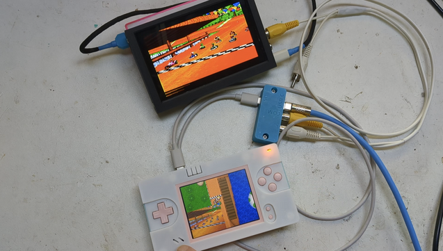 From to top bottom, car reversing camera screen, usb c breakout box, gameboy macro