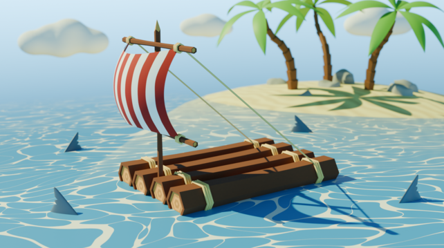 A rendered picture of a raft with sharks in the water and a little island in the background.
