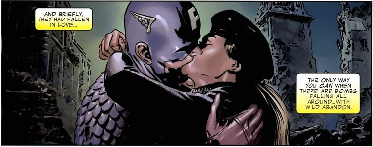Comic panel: Captain America (Steve Rogers) and Peggy Carter kiss among ruins, during World War II.