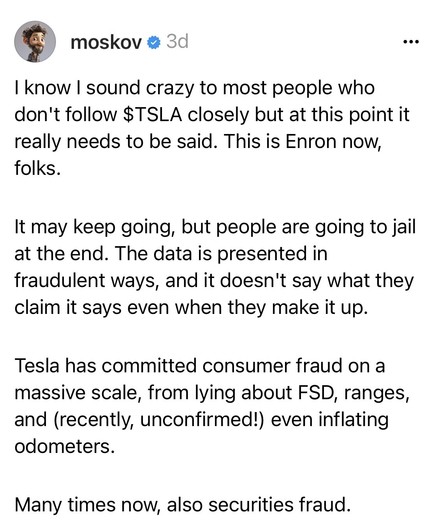 Moskovitz' post where he gives examples of Elon Musk's business fraud. This post is part of multiple threads from him criticising Musk.