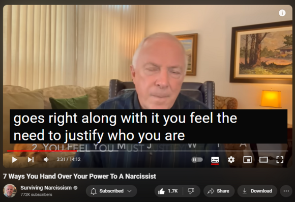 https://www.youtube.com/watch?v=oSNk_tl8fwQ
7 Ways You Hand Over Your Power To A Narcissist

18,461 views  Premiered on 25 Apr 2024
Narcissists relate to you with the goal of gaining and maintaining power, which, of course, can be very annoying to you.  Dr. Les Carter warns that as much as you dislike their power games, you can inadvertently play along.  Highlighting 7 ways this can happen, he offers an entirely different response when narcissists seek power.

To read the article based on this topic, go to https://survivingnarcissism.tv/7-ways....