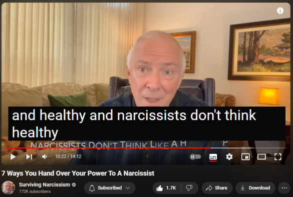 https://www.youtube.com/watch?v=oSNk_tl8fwQ
7 Ways You Hand Over Your Power To A Narcissist
18,461 views  Premiered on 25 Apr 2024
Narcissists relate to you with the goal of gaining and maintaining power, which, of course, can be very annoying to you.  Dr. Les Carter warns that as much as you dislike their power games, you can inadvertently play along.  Highlighting 7 ways this can happen, he offers an entirely different response when narcissists seek power.

To read the article based on this topic, go to https://survivingnarcissism.tv/7-ways....