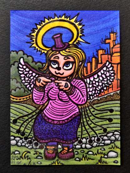 Une femme blonde anthro portant une jupe bleue, un pull rose, un chapeau et des chaussures violets, des ailes et une auréole, faisant pointer ses indexes l'un vers l'autre en regardant innocemment quelque chose, se tenant debout sur un chemin derrière lequel se trouve des champs ; en fond se trouve une forêt à la gauche et une ville orange cubique à la droite, et un ciel bleu vif domine le tout.