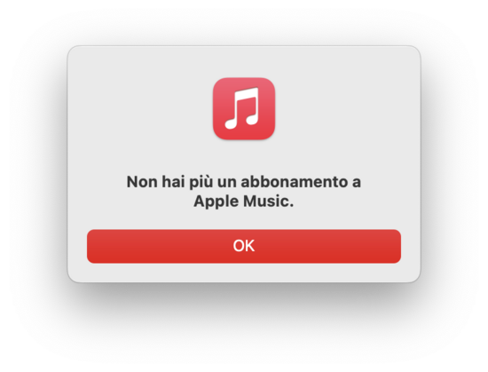 Icona di due seminote su sfondo rosso, pulsante OK e scritta "Non hai piu un abbonamento a Apple Music".