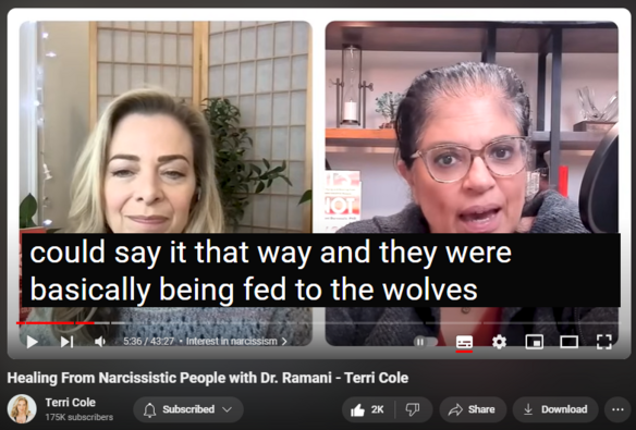 50,677 views  22 Feb 2024  The Terri Cole Show
I am so excited to have Dr. Ramani on the show today to discuss concepts from her new book, It's Not You: How to Identify and Heal from Narcissistic People. Many of you are likely familiar with her work, and for good reason- she is a brilliant clinician who breaks down narcissism in an accessible way, which helps people heal.

I've been a fan of hers for years and I am thrilled to bring you this conversation where we explore everything ranging from how narcissists are made, the impact of love bombing on victims, how narcissistic supply works and what it is, the difference between narcissism and Narcissistic Personality Disorder, and what the healing process looks like. 

I hope you enjoy this conversation as much as I did.

Time Stamps
0:00 - Quote from Dr. Ramani 
0:38 - Introduction from Terri
4:12 - Interest in narcissism
6:44 - Impact on victims
9:06 - Love bombing
11:40 - Narcissistic supply
13:34 - Supply & being upset
15:03 - Spotlight on narcissism
20:03 - Narcissism & narcissistic personality disorder
23:57 - Process of diagnosis
29:10 - How narcissists are made
33:19 - Healing process 
38:42 - Dr. Ramani's biggest boundary struggle