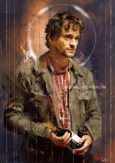 Portrait of Hugh Dancy as Will Graham. He's slightly turned to the side, with a closed bottle of wine in his hands. The background is rendered with big brush strokes in purple and orange, and a bright white halo completes the composition.