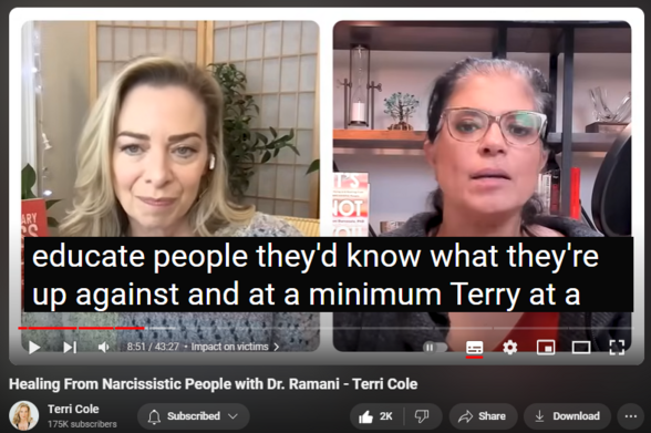 https://www.youtube.com/watch?v=eSHI5N-w5sk
Healing From Narcissistic People with Dr. Ramani - Terri Cole


50,677 views  22 Feb 2024  The Terri Cole Show
I am so excited to have Dr. Ramani on the show today to discuss concepts from her new book, It's Not You: How to Identify and Heal from Narcissistic People. Many of you are likely familiar with her work, and for good reason- she is a brilliant clinician who breaks down narcissism in an accessible way, which helps people heal.

I've been a fan of hers for years and I am thrilled to bring you this conversation where we explore everything ranging from how narcissists are made, the impact of love bombing on victims, how narcissistic supply works and what it is, the difference between narcissism and Narcissistic Personality Disorder, and what the healing process looks like. 

I hope you enjoy this conversation as much as I did.

Time Stamps
0:00 - Quote from Dr. Ramani 
0:38 - Introduction from Terri
4:12 - Interest in narcissism
6:44 - Impact on victims
9:06 - Love bombing
11:40 - Narcissistic supply
13:34 - Supply & being upset
15:03 - Spotlight on narcissism
20:03 - Narcissism & narcissistic personality disorder
23:57 - Process of diagnosis
29:10 - How narcissists are made
33:19 - Healing process 
38:42 - Dr. Ramani's biggest boundary struggle