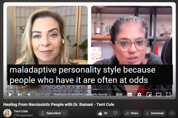 https://www.youtube.com/watch?v=eSHI5N-w5sk
Healing From Narcissistic People with Dr. Ramani - Terri Cole
50,677 views  22 Feb 2024  The Terri Cole Show
I am so excited to have Dr. Ramani on the show today to discuss concepts from her new book, It's Not You: How to Identify and Heal from Narcissistic People. Many of you are likely familiar with her work, and for good reason- she is a brilliant clinician who breaks down narcissism in an accessible way, which helps people heal.

I've been a fan of hers for years and I am thrilled to bring you this conversation where we explore everything ranging from how narcissists are made, the impact of love bombing on victims, how narcissistic supply works and what it is, the difference between narcissism and Narcissistic Personality Disorder, and what the healing process looks like. 

I hope you enjoy this conversation as much as I did.

Time Stamps
0:00 - Quote from Dr. Ramani 
0:38 - Introduction from Terri
4:12 - Interest in narcissism
6:44 - Impact on victims
9:06 - Love bombing
11:40 - Narcissistic supply
13:34 - Supply & being upset
15:03 - Spotlight on narcissism
20:03 - Narcissism & narcissistic personality disorder
23:57 - Process of diagnosis
29:10 - How narcissists are made
33:19 - Healing process 
38:42 - Dr. Ramani's biggest boundary struggle