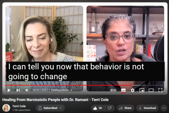 https://www.youtube.com/watch?v=eSHI5N-w5sk
Healing From Narcissistic People with Dr. Ramani - Terri Cole


50,677 views  22 Feb 2024  The Terri Cole Show
I am so excited to have Dr. Ramani on the show today to discuss concepts from her new book, It's Not You: How to Identify and Heal from Narcissistic People. Many of you are likely familiar with her work, and for good reason- she is a brilliant clinician who breaks down narcissism in an accessible way, which helps people heal.

I've been a fan of hers for years and I am thrilled to bring you this conversation where we explore everything ranging from how narcissists are made, the impact of love bombing on victims, how narcissistic supply works and what it is, the difference between narcissism and Narcissistic Personality Disorder, and what the healing process looks like. 

I hope you enjoy this conversation as much as I did.

Time Stamps
0:00 - Quote from Dr. Ramani 
0:38 - Introduction from Terri
4:12 - Interest in narcissism
6:44 - Impact on victims
9:06 - Love bombing
11:40 - Narcissistic supply
13:34 - Supply & being upset
15:03 - Spotlight on narcissism
20:03 - Narcissism & narcissistic personality disorder
23:57 - Process of diagnosis
29:10 - How narcissists are made
33:19 - Healing process 
38:42 - Dr. Ramani's biggest boundary struggle