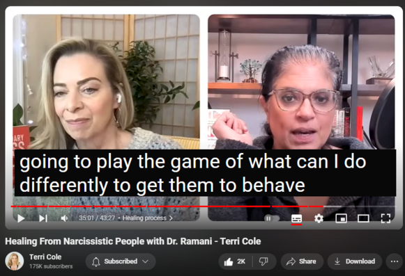 https://www.youtube.com/watch?v=eSHI5N-w5sk
Healing From Narcissistic People with Dr. Ramani - Terri Cole
50,677 views  22 Feb 2024  The Terri Cole Show
I am so excited to have Dr. Ramani on the show today to discuss concepts from her new book, It's Not You: How to Identify and Heal from Narcissistic People. Many of you are likely familiar with her work, and for good reason- she is a brilliant clinician who breaks down narcissism in an accessible way, which helps people heal.

I've been a fan of hers for years and I am thrilled to bring you this conversation where we explore everything ranging from how narcissists are made, the impact of love bombing on victims, how narcissistic supply works and what it is, the difference between narcissism and Narcissistic Personality Disorder, and what the healing process looks like. 

I hope you enjoy this conversation as much as I did.

Time Stamps
0:00 - Quote from Dr. Ramani 
0:38 - Introduction from Terri
4:12 - Interest in narcissism
6:44 - Impact on victims
9:06 - Love bombing
11:40 - Narcissistic supply
13:34 - Supply & being upset
15:03 - Spotlight on narcissism
20:03 - Narcissism & narcissistic personality disorder
23:57 - Process of diagnosis
29:10 - How narcissists are made
33:19 - Healing process 
38:42 - Dr. Ramani's biggest boundary struggle
