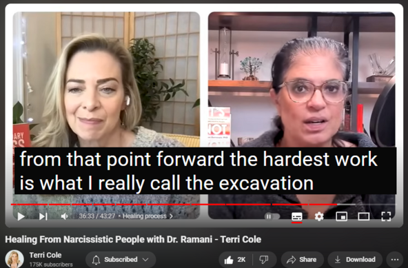 https://www.youtube.com/watch?v=eSHI5N-w5sk
Healing From Narcissistic People with Dr. Ramani - Terri Cole

50,677 views  22 Feb 2024  The Terri Cole Show
I am so excited to have Dr. Ramani on the show today to discuss concepts from her new book, It's Not You: How to Identify and Heal from Narcissistic People. Many of you are likely familiar with her work, and for good reason- she is a brilliant clinician who breaks down narcissism in an accessible way, which helps people heal.

I've been a fan of hers for years and I am thrilled to bring you this conversation where we explore everything ranging from how narcissists are made, the impact of love bombing on victims, how narcissistic supply works and what it is, the difference between narcissism and Narcissistic Personality Disorder, and what the healing process looks like. 

I hope you enjoy this conversation as much as I did.

Time Stamps
0:00 - Quote from Dr. Ramani 
0:38 - Introduction from Terri
4:12 - Interest in narcissism
6:44 - Impact on victims
9:06 - Love bombing
11:40 - Narcissistic supply
13:34 - Supply & being upset
15:03 - Spotlight on narcissism
20:03 - Narcissism & narcissistic personality disorder
23:57 - Process of diagnosis
29:10 - How narcissists are made
33:19 - Healing process 
38:42 - Dr. Ramani's biggest boundary struggle