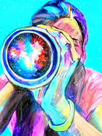 WHIMSICAL man looking through big lens at you 