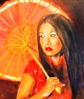 Asian woman in red with pretty umbrella 
