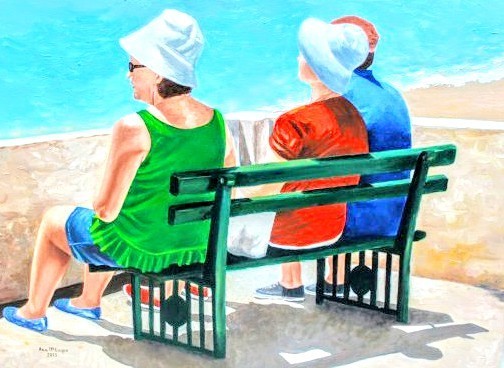 Three colorful clothes people sitting on a beach bench 